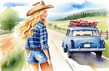 A tall, beautiful girl of European appearance with long blond wavy hair catches a passing car on the side of the road. The girl has a cowboy hat on her head. There's a field behind. Hot sunny day