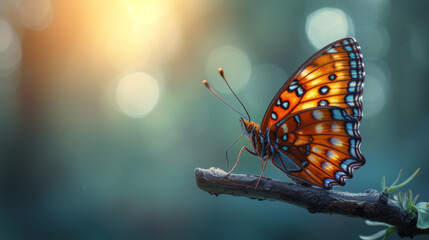 Fototapeta na wymiar Iridescent Butterfly Perching on Twig in Golden Light