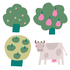 Farm animal composition. Cute hand drawn doodle sweet cow, fruit trees, garden. Card, postcard, t shirt print, cover, poster with funny animal for kid, children