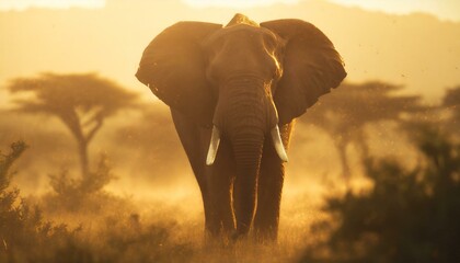 elephant walking in the hot savannah - obrazy, fototapety, plakaty