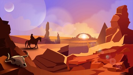 Western. A cowboy rides through the desert on a horse against the background of sunset.