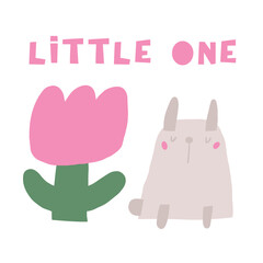 Farm animal composition. Cute hand drawn doodle sweet rabbit, hare, bunny with pink flower. Card, postcard, t shirt print, cover, poster with funny animal for kid, children