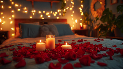 a bed decorated with candles and red rose petals - obrazy, fototapety, plakaty