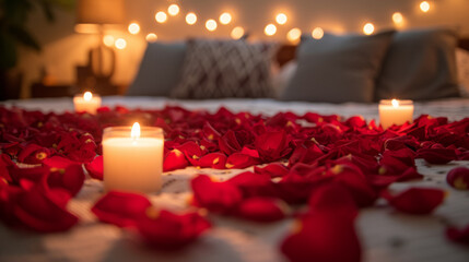 a bed decorated with candles and red rose petals
