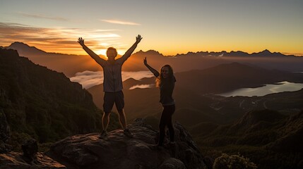 Triumphant couple celebrating success on mountain top by raising hands in the air