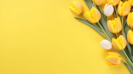 Obraz premium Spring yellow tulips on a yellow background, a holiday card. Mother's Day, women's Day, Valentine's Day.
