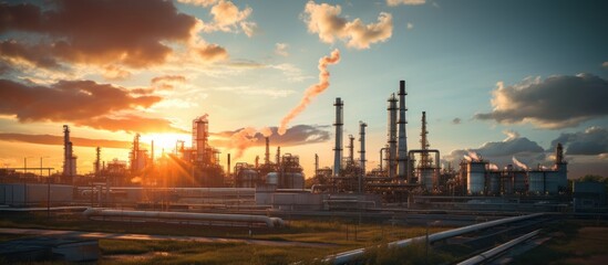Oil refinery plant at sunset. Oil and gas industry. Panoramic view.