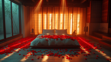 A bed with rose petals on it. Romantic setting.