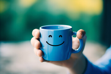 Monday concept image , Hands holding a blue  cup with happy face to counter Blue