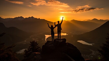Couple celebrating success on mountain top by holding hands up in the air