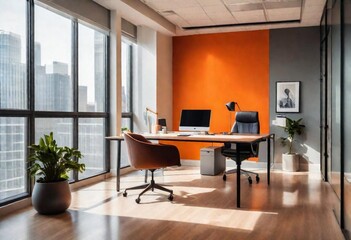 An office interior featuring an eye-catching orange accent wall, modern furnishings, and minimalist decor, natural light streaming in through large windows