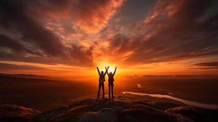 Happy couple celebrating success on mountain summit with arms raised in jubilation