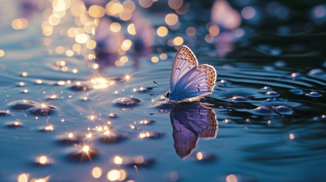 Purple butterflies on a lake, reflecting light. © Usman