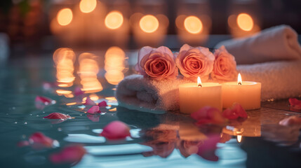 Bath in a romantic atmosphere. Rose petals and candles. - obrazy, fototapety, plakaty
