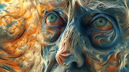Abstract face with swirling orange and blue.