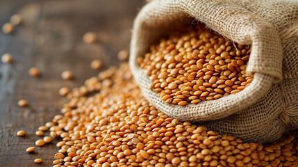 Burlap sack spilling lentils on wooden surface. - Powered by Adobe