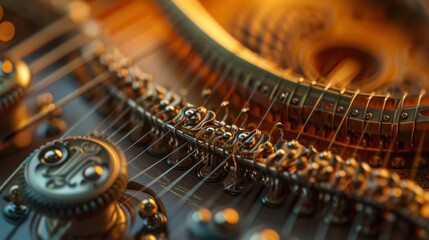 Closeup abstraction with a musical instrument. A beautiful musical form resembling a piano. Internal piano system with keys and strings - obrazy, fototapety, plakaty