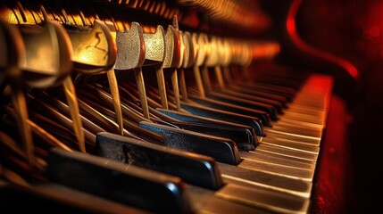 Closeup abstraction with a musical instrument. A beautiful musical form resembling a piano. Internal piano system with keys and strings