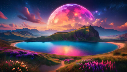 Obraz premium Sweet Dreams. Landscape. Dreamy. Tranquil. Imaginary. Magical. Sleep. Night. Stars. Ethereal. Fantasy. Relaxation. Heavenly. Calm. Serene. Whimsical. Surreal. Sleeping Concept. AI Generated.