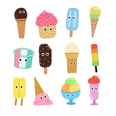 Big set of funny cheerful,friendly ice cream cute characters.Sweet kawaii smiling summer delicacy,tasty sundaes,gelatos with different tasties for kids designs and decorations, isolated on white