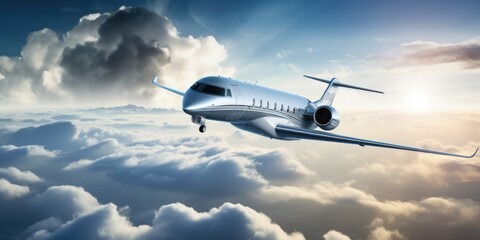 Panorama View of Private Jet in Flight: Aircraft Wing Over Warm Clouds for Wealthy Corporate Travel