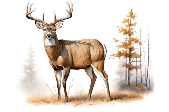 Alert Buck. Large Whitetail Buck with Majestic Antlers Isolated on White Background