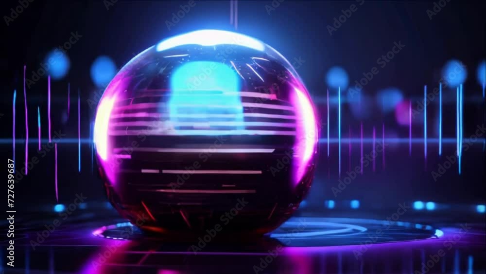 Poster 4k video animation of the abstract concept of a sci-fi metallic sphere cyborg robot on a sci-fi back