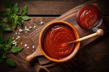 Barbecue Sauce Flat Lay on Wooden Background. Condiment Bowl for Basting and Cooking. Bar-B-Q Sauce