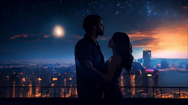 4K video animation of Lovers man and girl against background night city, night starry sky and horizon. Concept date Valentine's Day, first kiss and love, forever together.