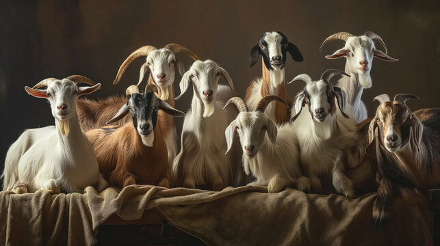 Group of goats posing together for a portrait.