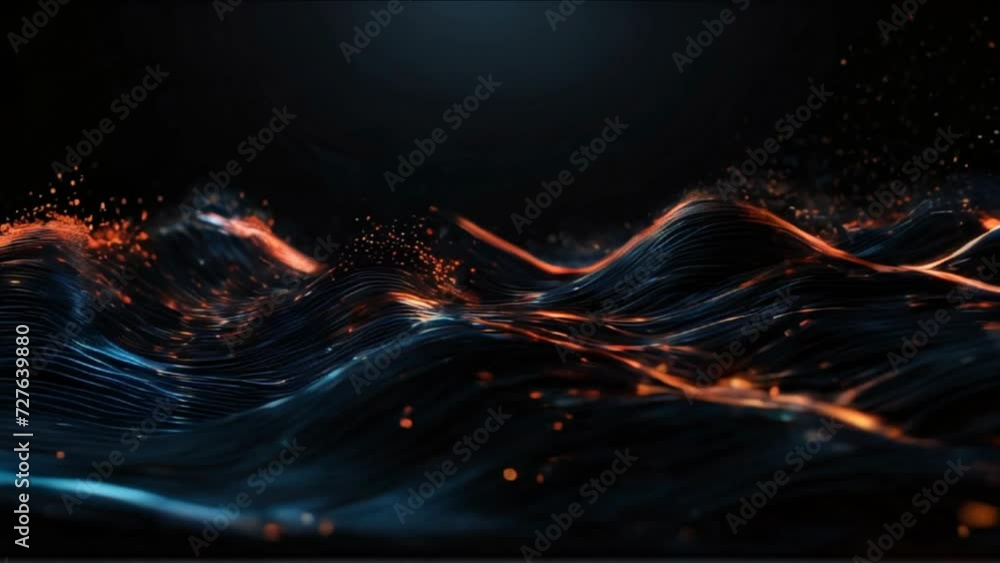 Poster 4k video animation of abstract waving particle technology background design.
