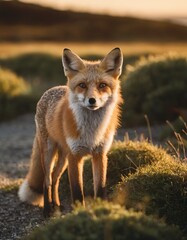 A young fox at sunset on the shingle
