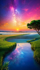 Sweet Dreams. Landscape. Dreamy. Tranquil. Imaginary. Magical. Sleep. Night. Stars. Ethereal. Fantasy. Relaxation. Heavenly. Calm. Serene. Whimsical. Surreal. Sleeping Concept. AI Generated.