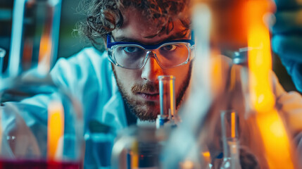 Scientist examining colorful liquids in lab.