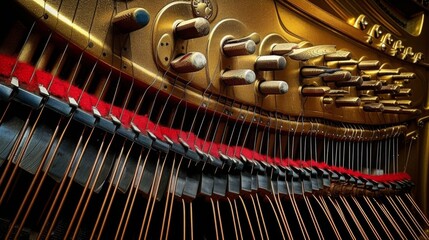 Closeup abstraction with a musical instrument. A beautiful musical form resembling a piano. Internal piano system with keys and strings
