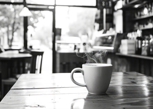 Coffee Cup on Table in Black and White Cafe.