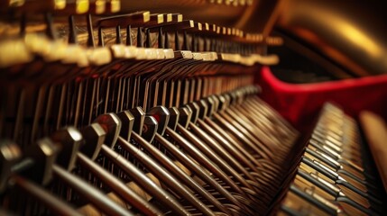 Closeup abstraction with a musical instrument. A beautiful musical form resembling a piano. Internal piano system with keys and strings - obrazy, fototapety, plakaty