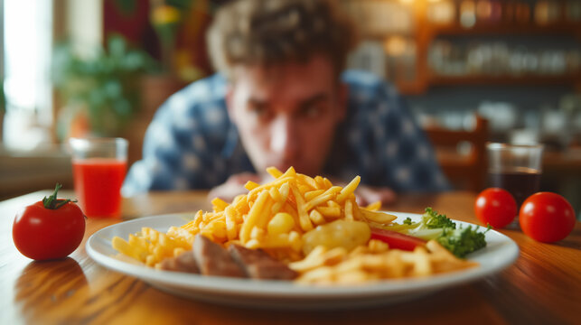 Man hungrily eyeing a plate of cheesy fries.