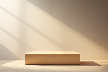 A wooden podium, flooded with natural light and a non-beige background. Ideal for product display or cosmetics display. Concept: Minimalist product presentation.