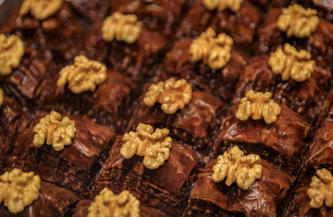 Traditional Turkish dessert, fresh crispy layered whole walnut chocolate baklava at a local pastry shop in the Historic Peninsula, Istanbul, Turkey