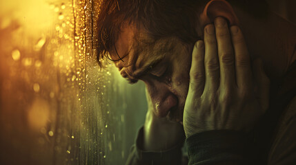 sad man crying while covering his ears with his hands beside the window in the rain, portrait of  man in sad mood - obrazy, fototapety, plakaty