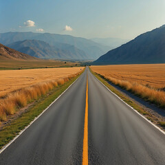 The road leads into the countryside. On the side of the road there is grass. In front there are mountains and sky. Generative Ai  illustration