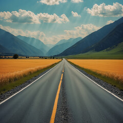 The road leads into the countryside. On the side of the road there is grass. In front there are mountains and sky. Generative Ai  illustration