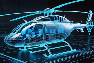 blue Hologram wireframe of Helicopter Future Concept Simulation and connect technology.ai generated