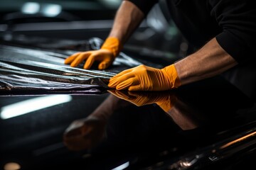 Expert detailing. man cleaning black car exterior with microfiber cloth - premium car care services