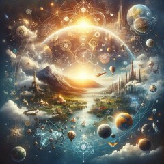 fantasy, surreal art, cosmic scenery, celestial bodies, space-time concepts, Eiffel Tower, futuristic city, astral projection, hot air balloons, sci-fi landscape, interstellar travel, cosmic clockwork