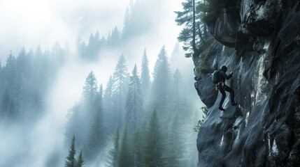 Man climbing mountain In the winter mist - obrazy, fototapety, plakaty