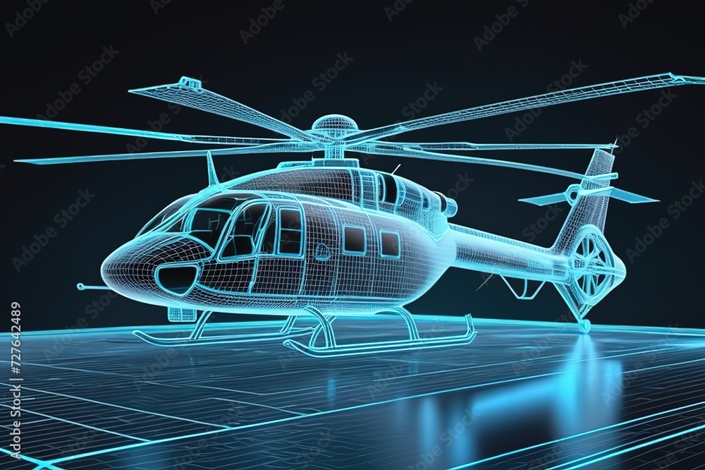 Fototapete blue hologram wireframe of helicopter future concept simulation and connect technology.ai generated