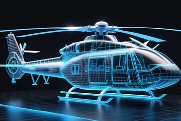 blue Hologram wireframe of Helicopter Future Concept Simulation and connect technology.ai generated