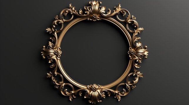 Vintage Gold picture frame on a black background. Classic antique circle golden picture frame 